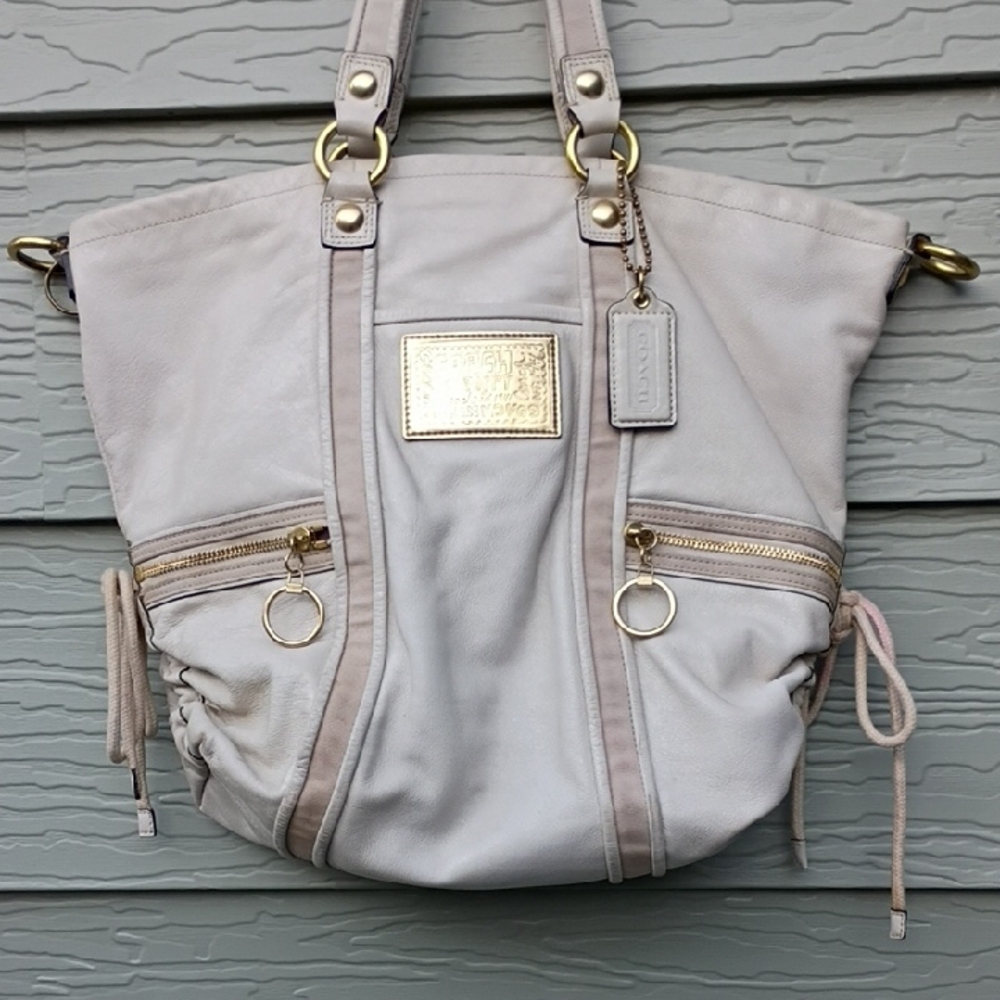 Coach Poppy White Leather Bag Tote 1456 Double Straps Gold Poppy Logo - Picture 4 of 17